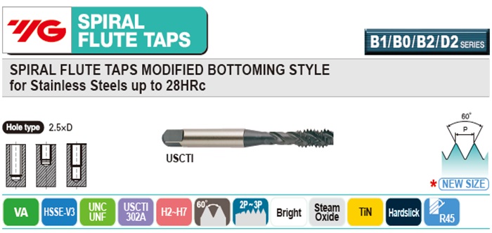 Bright Finish YG-1 TH365 HSS-EX Spiral Point Combo Tap with Internal Coolant for Multi-Purpose M8 Size 1.25 Pitch 