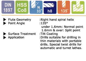 Diameter HSSCo8 Cobalt 135° Split Point Stub Drills YG-1 5pcs #25 .1495" 